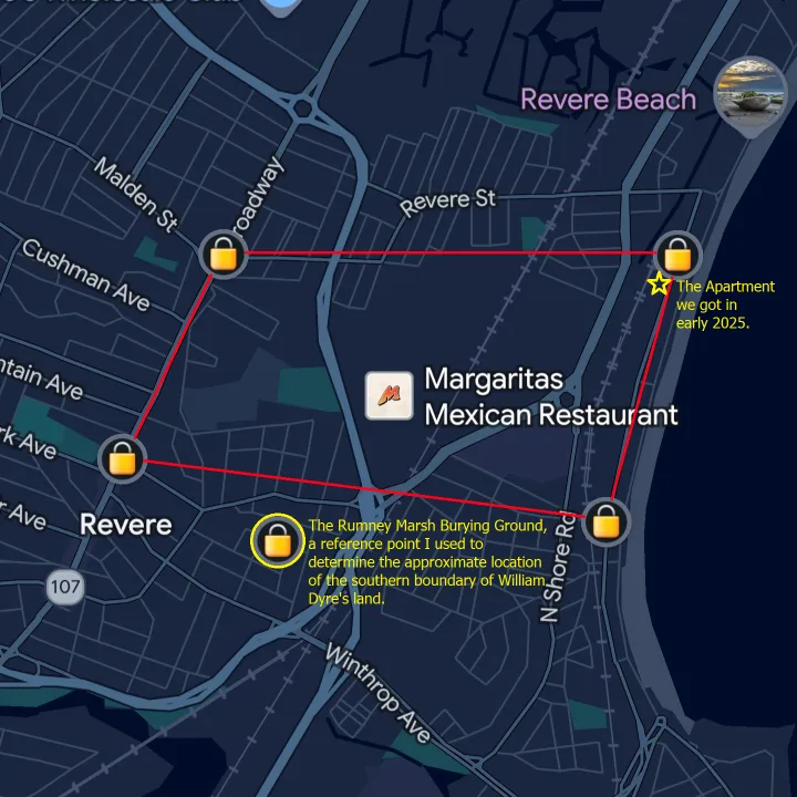Screenshot of the approximate boundaries of William Dyre's plot of land in Revere